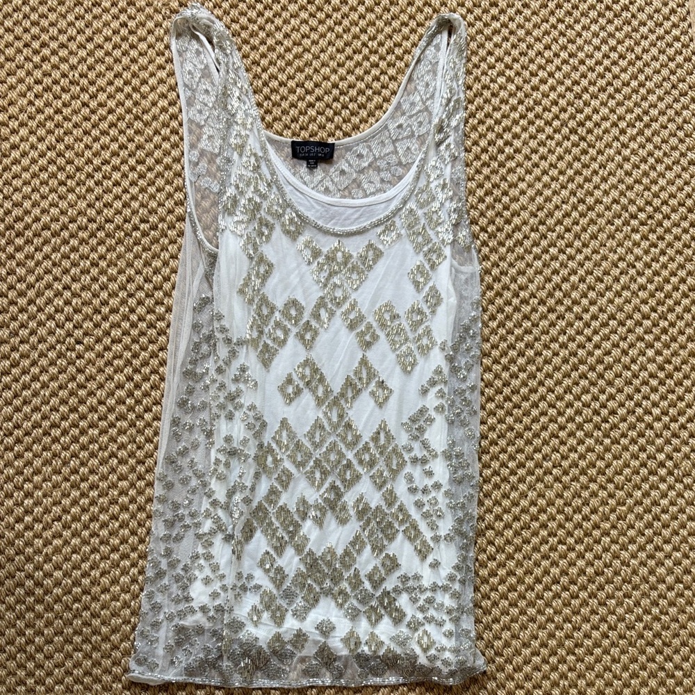 Topshop White and Gold Beaded Tank Top - Size 2